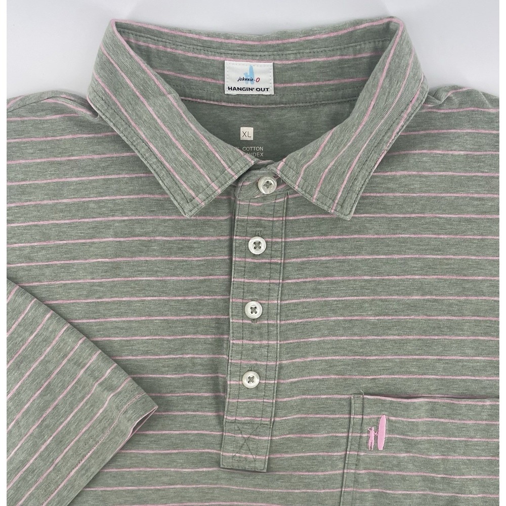 Johnnie-O Polo Shirt Mens XL Dill Green Pink Striped Neese Hangin Out Preppy